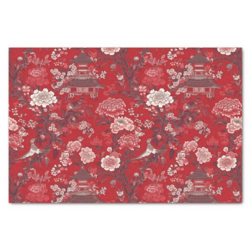 Chinoiserie Red Pink Floral Painting Decoupage Tissue Paper