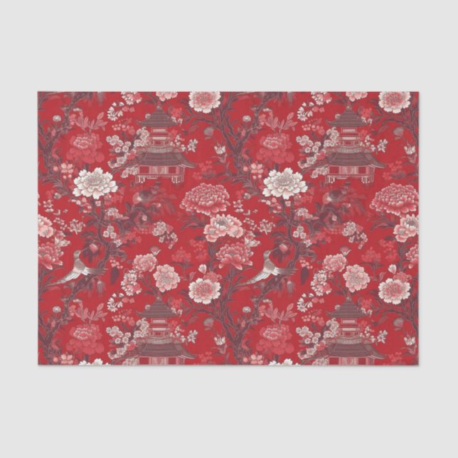 Chinoiserie Red Pink Floral Painting Decoupage Tissue Paper (Front)