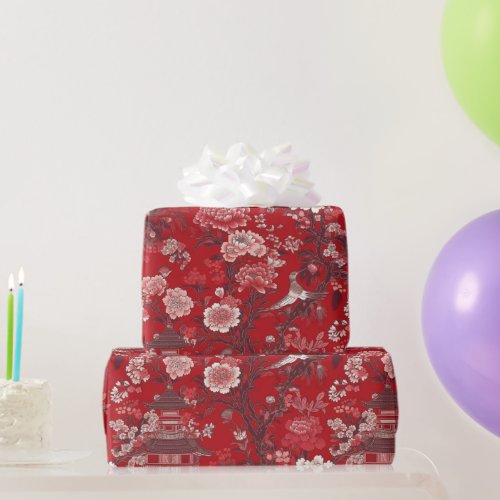 Chinoiserie Red Pink Floral Painting Wrapping Paper