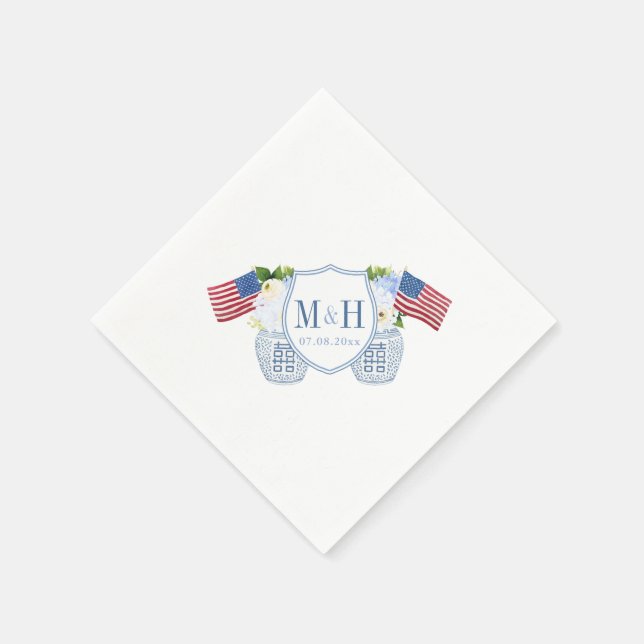 Chinoiserie Red White Blue Monogram Wedding Party Napkins (Corner)