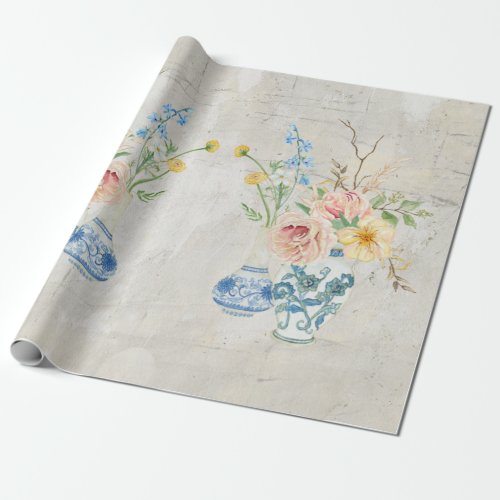 Chinoiserie Rose Peony Floral Blue White Vases Wrapping Paper