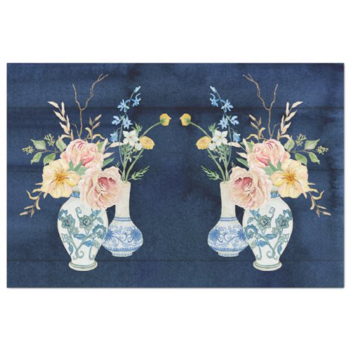 Chinoiserie Rose Peony Flowers Navy Blue Wood  Tissue Paper