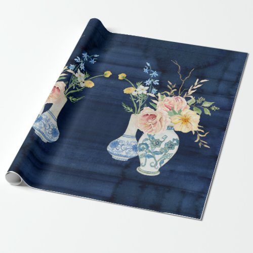 Chinoiserie Rose Peony Flowers Navy Blue Wood Wrapping Paper