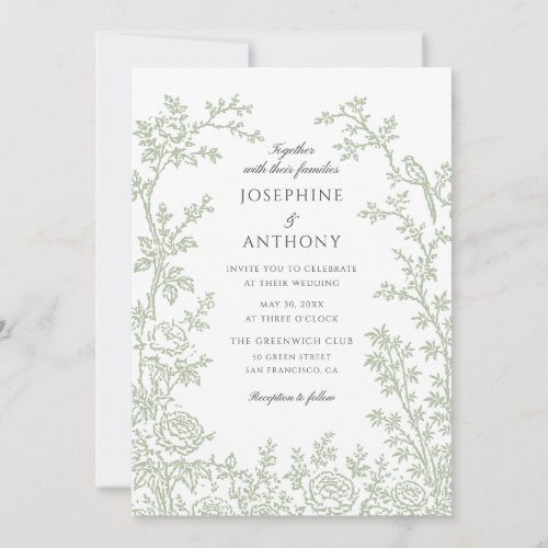 Chinoiserie Sage Green Floral Wedding  Invitation