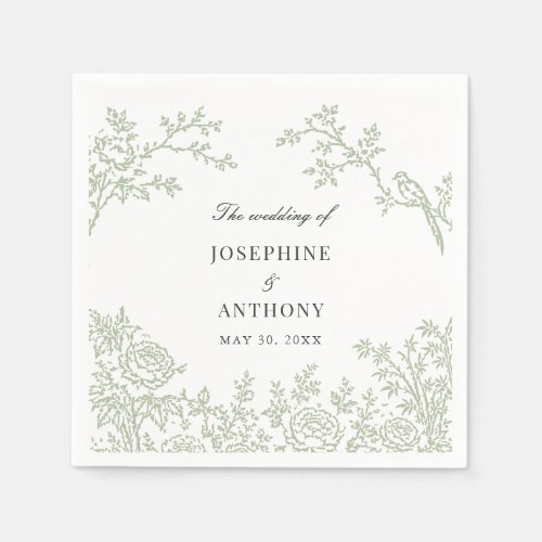 Chinoiserie Sage Green Floral Wedding  Napkins