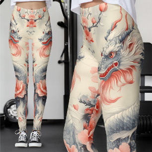 Chinoiserie Sakura Dragon   Slate & Pink Art Leggings