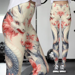 Chinoiserie Sakura Dragon   Soft Pink Floral Leggings