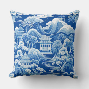 Chinoiserie Scenery in Blue & White Throw Pillow