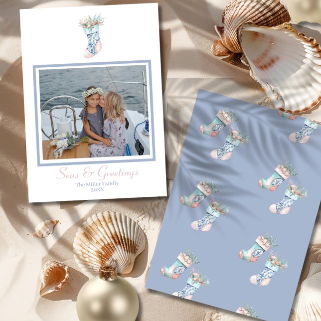 Chinoiserie Seashell Christmas Stocking Photo  Holiday Card (Chinoiserie Seashell Christmas Stocking Photo Holiday Card-front and back)