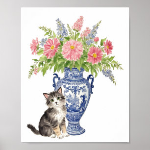 chinoiserie style cat with vase colorful flower poster