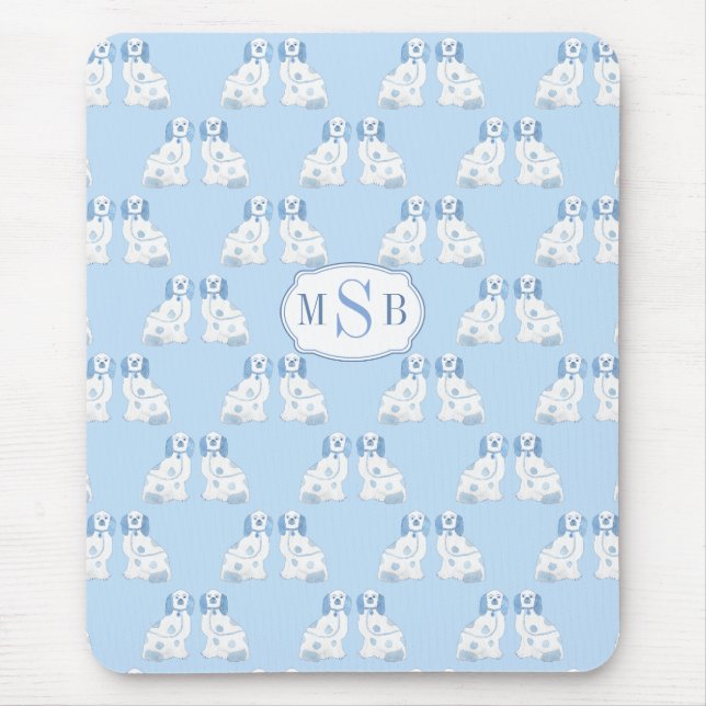 Chinoiserie Style Dogs Blue And White Monogrammed  Mouse Pad (Front)