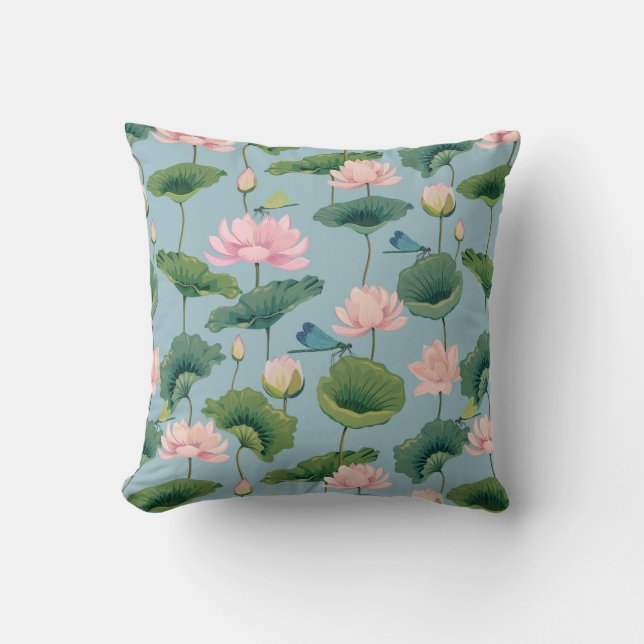 Chinoiserie style lotus and dragonfly throw pillow (Front)