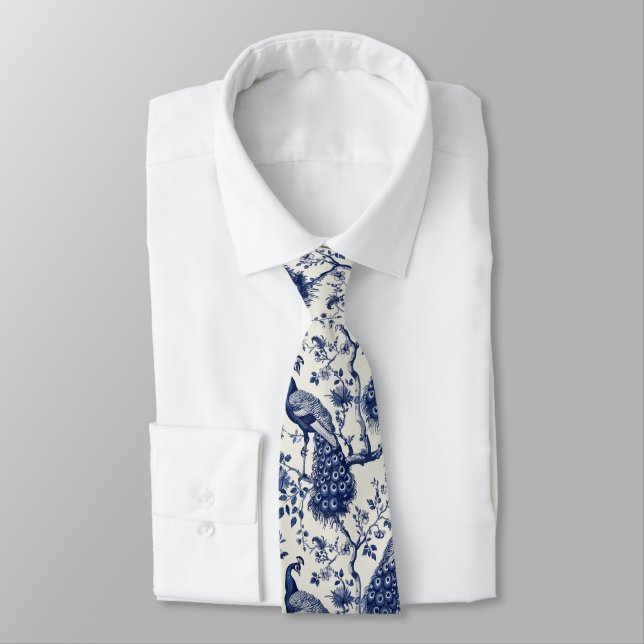 Chinoiserie Style Peacock Neck Tie (Tied)