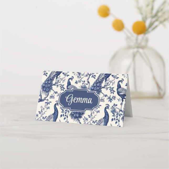 Chinoiserie Style Peacock Theme Folded Place Cards (Front)