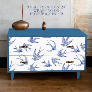 Chinoiserie Swallow Bird Blue and White Decoupage Wrapping Paper Sheets