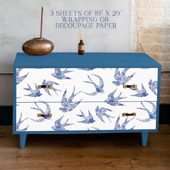 Chinoiserie Swallow Bird Blue and White Decoupage Wrapping Paper Sheets (Creator Uploaded)