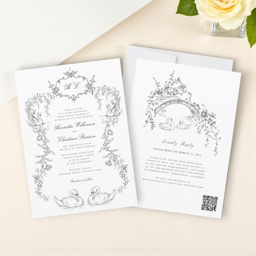 Chinoiserie swan all in one Wedding Invitation