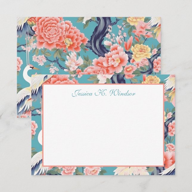Chinoiserie Teal Floral Egret Personalized Thank You Card (Front/Back)