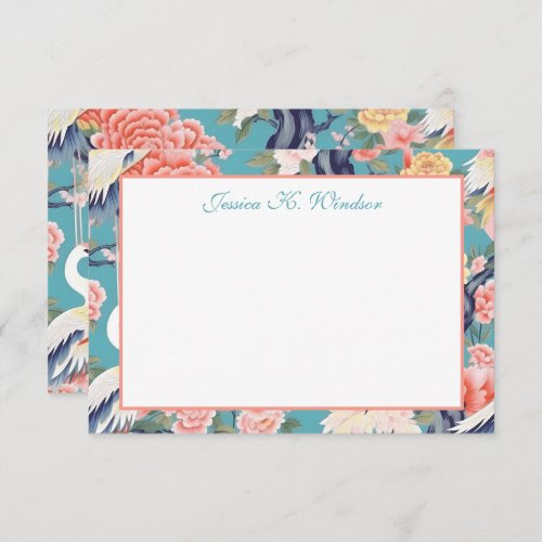Chinoiserie Teal Floral Egret Personalized Thank You Card