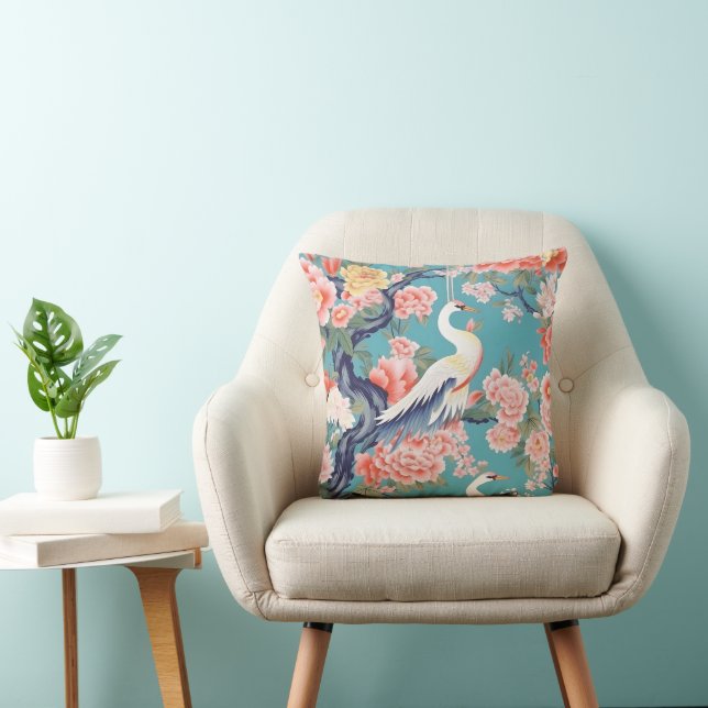 Chinoiserie Teal Floral Egret Throw Pillow (Chair)