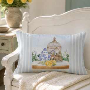 Chinoiserie Teapot Yellow Rose and Birdcage Lumbar Pillow
