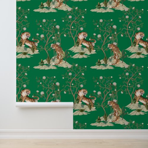 Chinoiserie Tiger Peonies  Trees Spring Green Wallpaper
