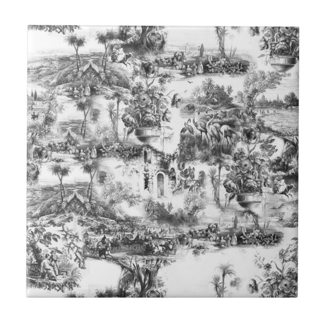 Chinoiserie toile black and white  ceramic tile (Front)