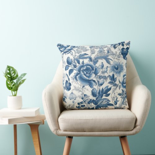 Chinoiserie Toile Blue and White Peonies Floral Throw Pillow