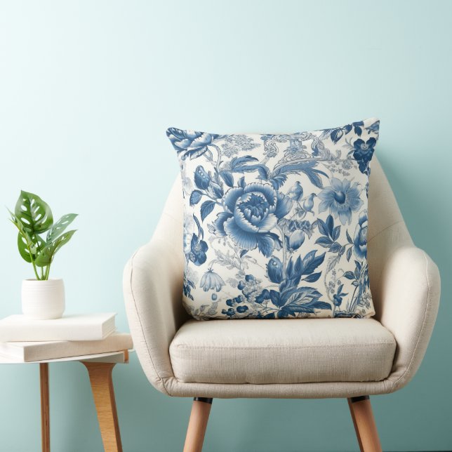 Chinoiserie Toile Blue and White Peonies Floral Throw Pillow (Chair)