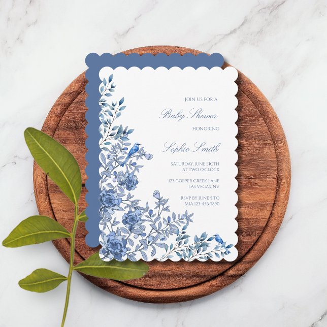 Chinoiserie Toile Blue Delicate Floral Baby Shower Invitation (Creator Uploaded)