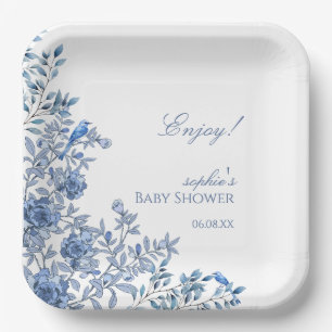 Chinoiserie Toile Blue Floral Baby Shower Paper Plates
