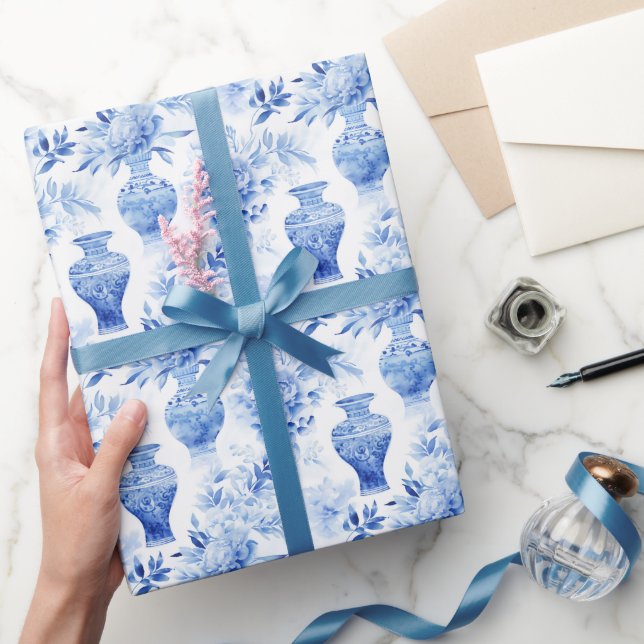 Chinoiserie Toile Blue & White Floral Vases Wrapping Paper (Gifting)