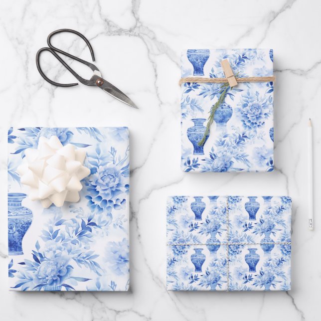 Chinoiserie Toile Blue & White Floral Vases Wrapping Paper Sheets (Front)