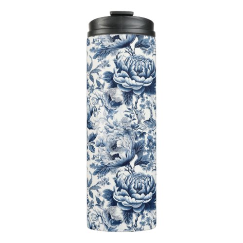 Chinoiserie Toile Blue White Peonies Floral Flower Thermal Tumbler
