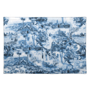 Chinoiserie toile,blue willow,blue china   cloth placemat