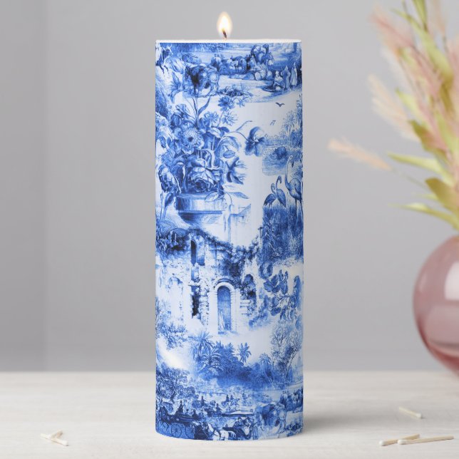 Chinoiserie toile,blue willow,blue china   pillar candle (In Situ)