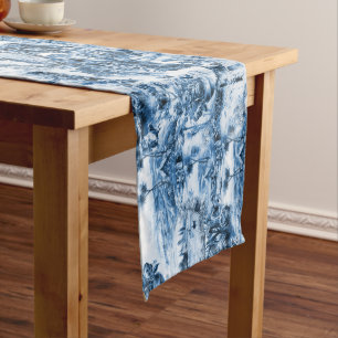 Chinoiserie toile,blue willow,blue china short table runner