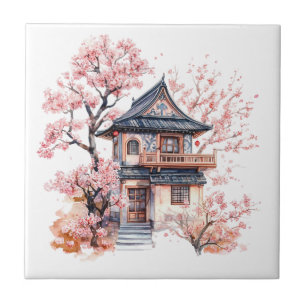 Chinoiserie Toile De Jouy Pagoda Ceramic Tile