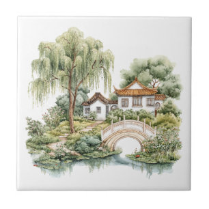 Chinoiserie Toile De Jouy Pagoda Ceramic Tile