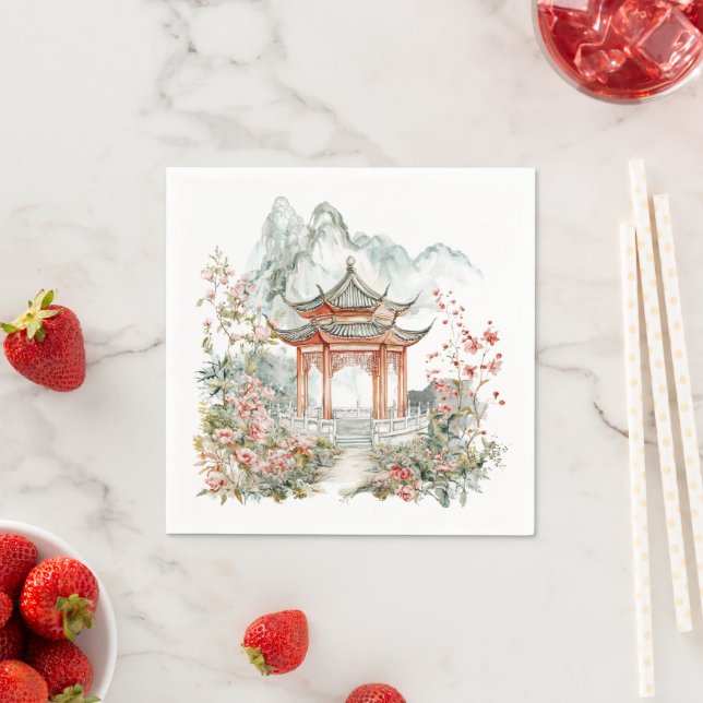 Chinoiserie Toile De Jouy Pagoda  Napkins (Insitu)