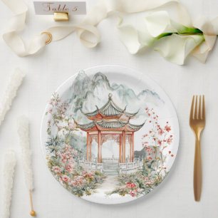 Chinoiserie Toile De Jouy Pagoda Paper Plates
