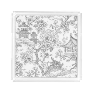 Chinoiserie Toile Dragon Cherry Blossom Ornamental Acrylic Tray