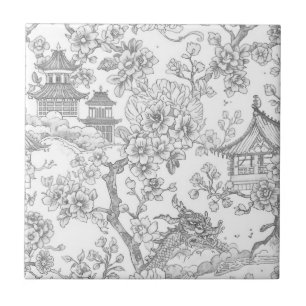 Chinoiserie Toile Dragon Cherry Blossom Ornamental Ceramic Tile