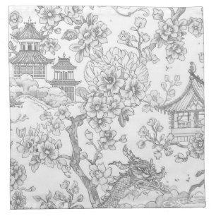 Chinoiserie Toile Dragon Cherry Blossom Ornamental Cloth Napkin