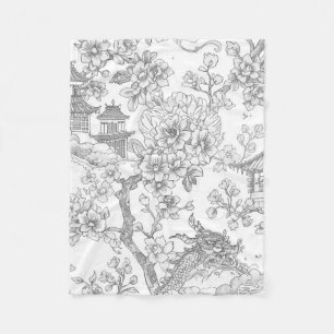 Chinoiserie Toile Dragon Cherry Blossom Ornamental Fleece Blanket