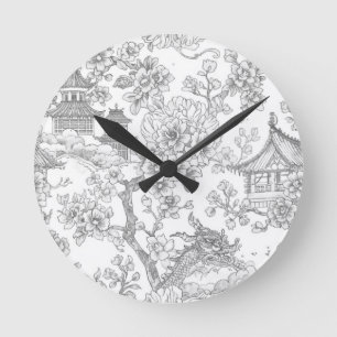 Chinoiserie Toile Dragon Cherry Blossom Ornamental Round Clock