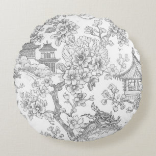 Chinoiserie Toile Dragon Cherry Blossom Ornamental Round Pillow