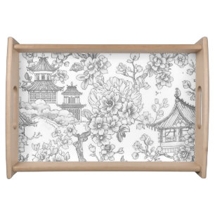 Chinoiserie Toile Dragon Cherry Blossom Ornamental Serving Tray