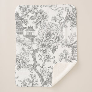 Chinoiserie Toile Dragon Cherry Blossom Ornamental Sherpa Blanket