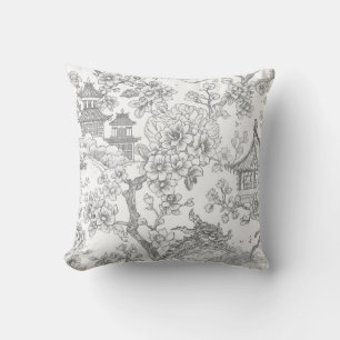 Chinoiserie Toile Dragon Cherry Blossom Ornamental Throw Pillow